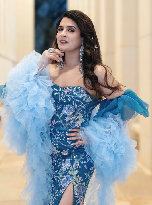 Azure Bloom Slit Gown