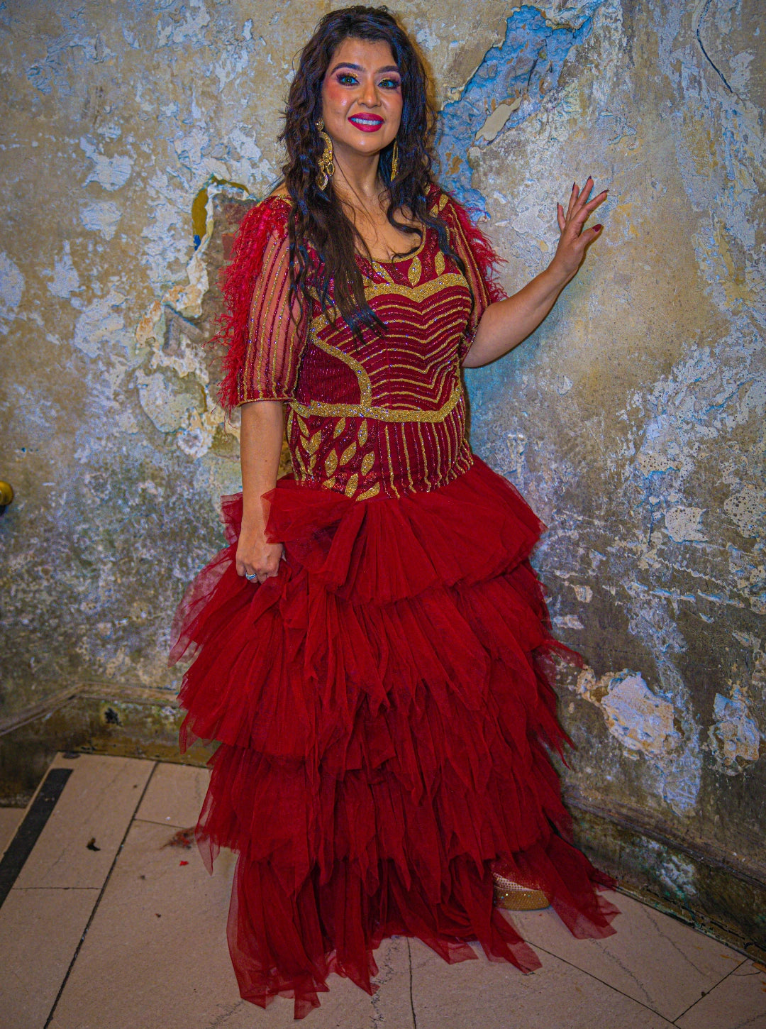 Crimson Royale Ruffle Gown