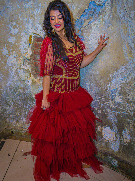 Crimson Royale Ruffle Gown