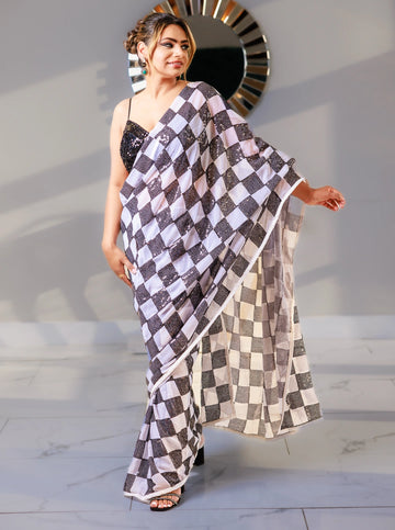 Monochrome Chic Checkered Saree