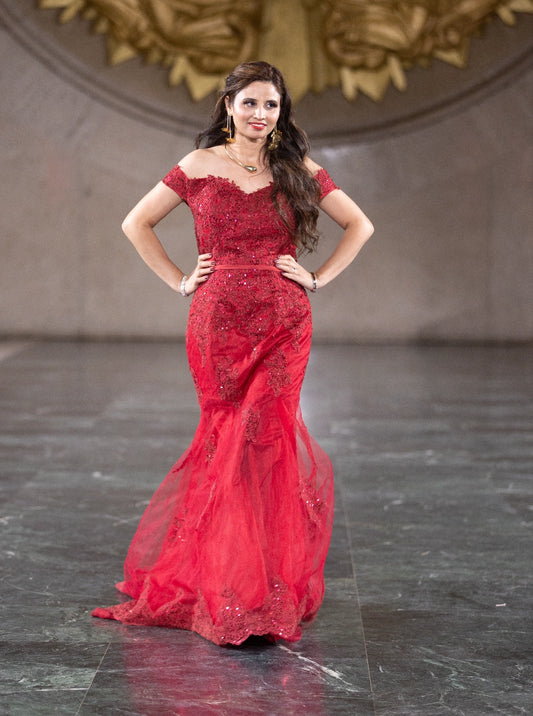Crimson Command Off-Shoulder Gown