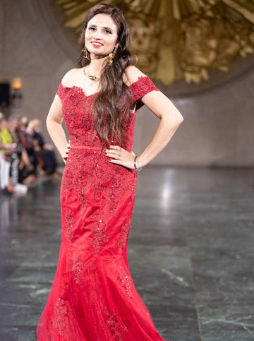 Crimson Command Off-Shoulder Gown